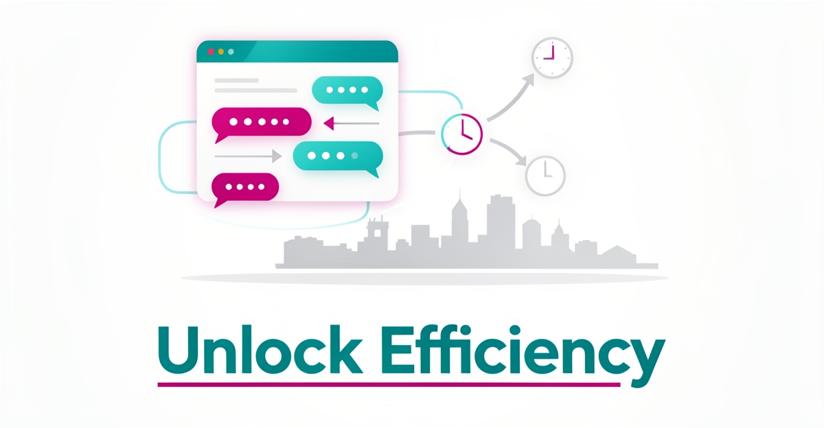 Flat illustration of an AI chatbot connecting automated follow-up icons to a Halifax skyline with the headline Unlock Efficiency.