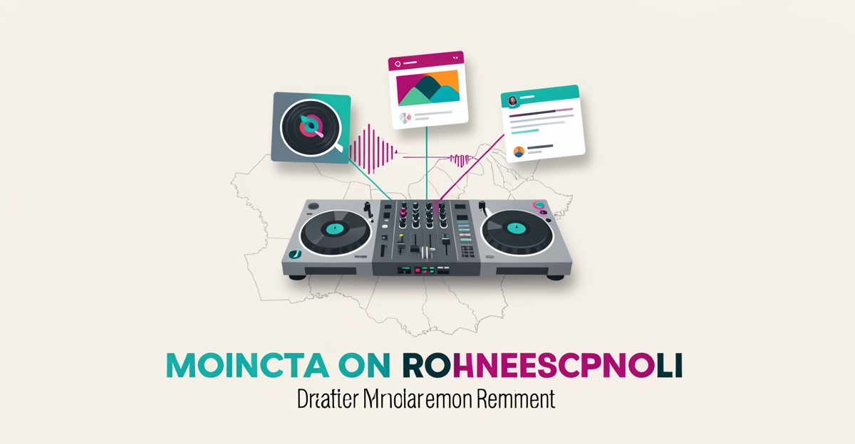 Flat illustration of DJ equipment and social posts showing AI assisted event description workflow for Moncton DJs.