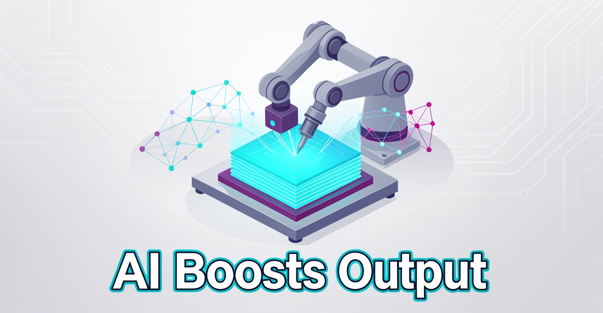 A minimalist flat illustration showing AI-driven automation enhancing a 3D printing workflow with robotic precision and flowing data streams in brand colors.