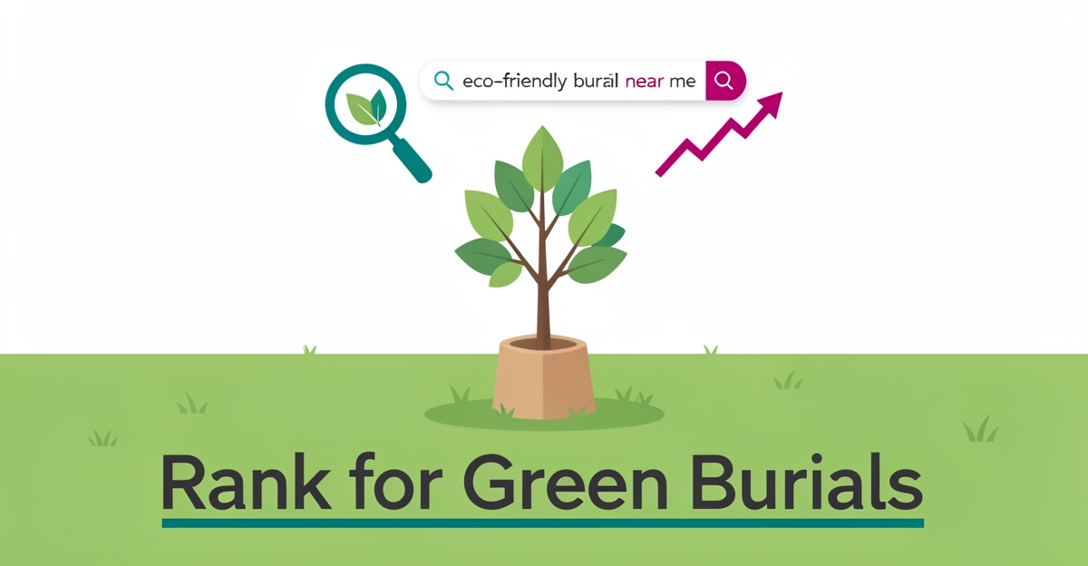 Flat illustration of a meadow with a memorial tree and SEO search icons in teal and magenta accents.