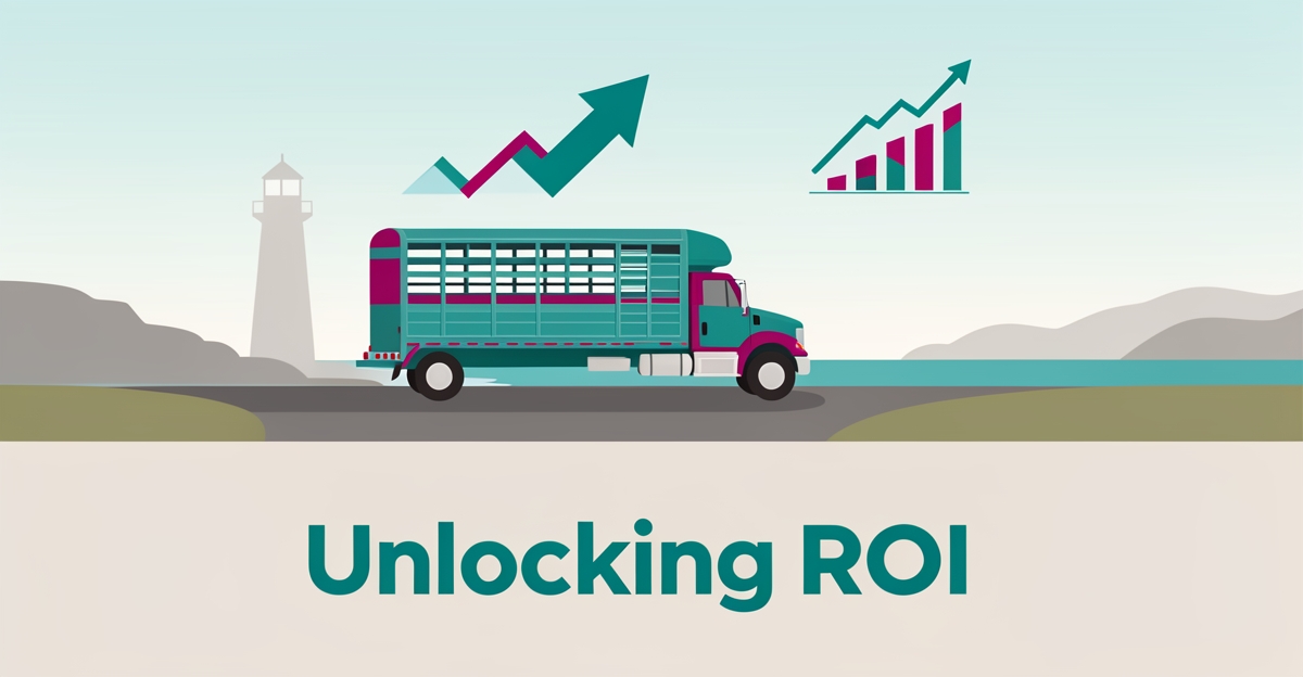 Flat illustration of a livestock transport truck on a Halifax coastal road with a rising growth arrow, accented in teal and magenta, titled Unlocking ROI.