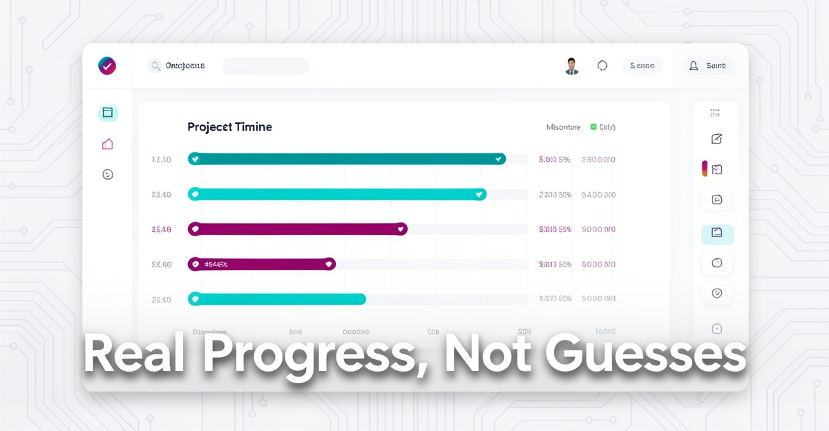 A minimalist flat illustration of a digital project dashboard with progress bars and circuit-inspired accents, displaying real-time timeline data for transparency in industrial electrical contracting.