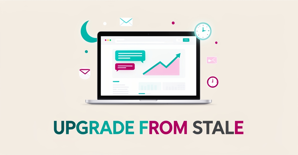 Flat illustration of a laptop with an AI chat interface, automation icons, and a rising graph in teal and magenta accents.