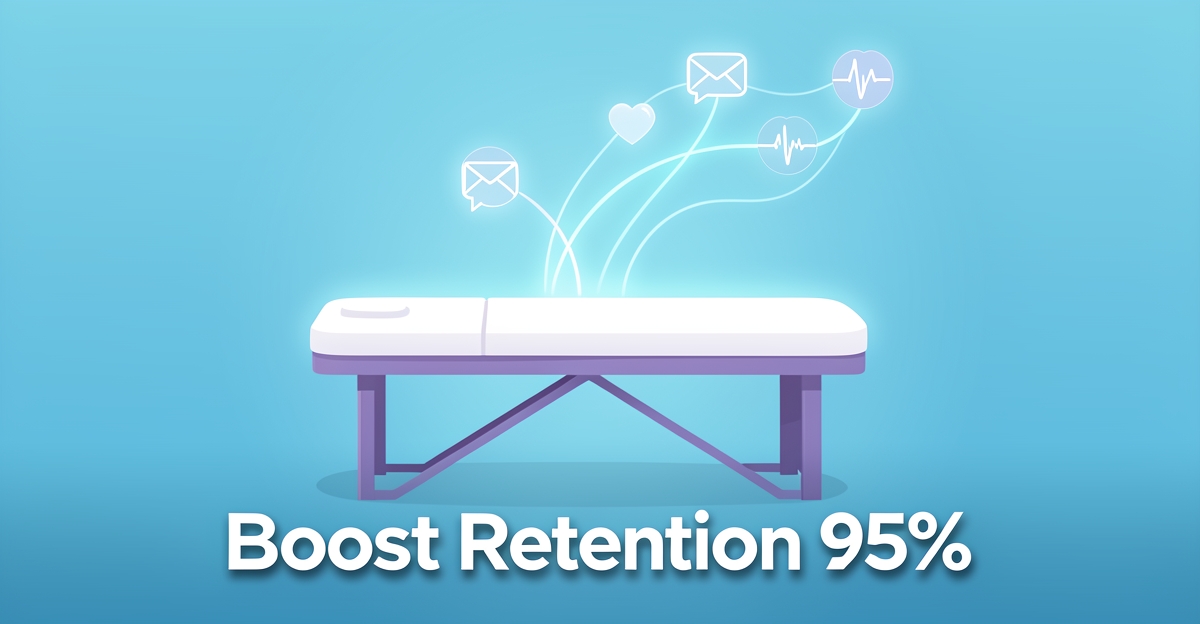 A minimalist flat illustration of a massage table with glowing AI follow-up message flows, using brand colors #2aabb6 and #d946ef, with the headline 'Boost Retention 95%' in the lower third as a designed visual accent.