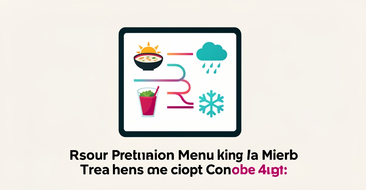 Flat illustration of a digital restaurant menu linked to weather icons by AI data streams in teal and magenta.