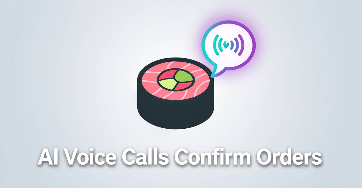A minimalist flat illustration of a sushi roll with a speech bubble showing sound waves, representing AI voice calls confirming sushi orders, with brand color accents and a headline in the lower third.