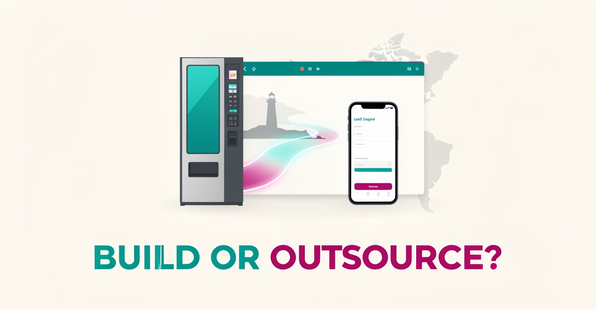 Flat illustration of a vending machine beside a website and phone with lead form, accented in teal and magenta, with headline Build or Outsource.