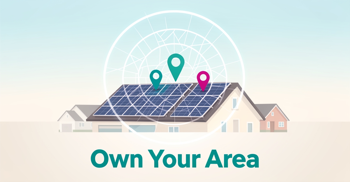 Flat illustration of a solar-paneled rooftop with a glowing service-area map radius and location pins in teal and magenta, headlined 'Own Your Area'.
