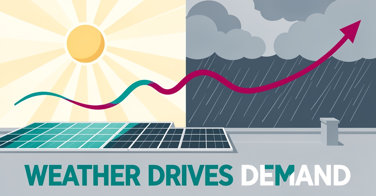 Flat illustration of Nova Scotia rooftop solar panels under a split sunny and stormy sky with a rising trend line, symbolizing weather-driven solar search demand.