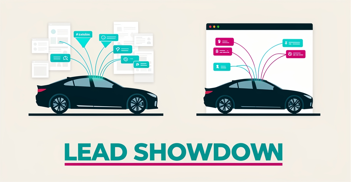Flat illustration contrasting a fragmented website builder setup with a unified all-in-one platform converting auto body shop leads, headlined Lead Showdown.