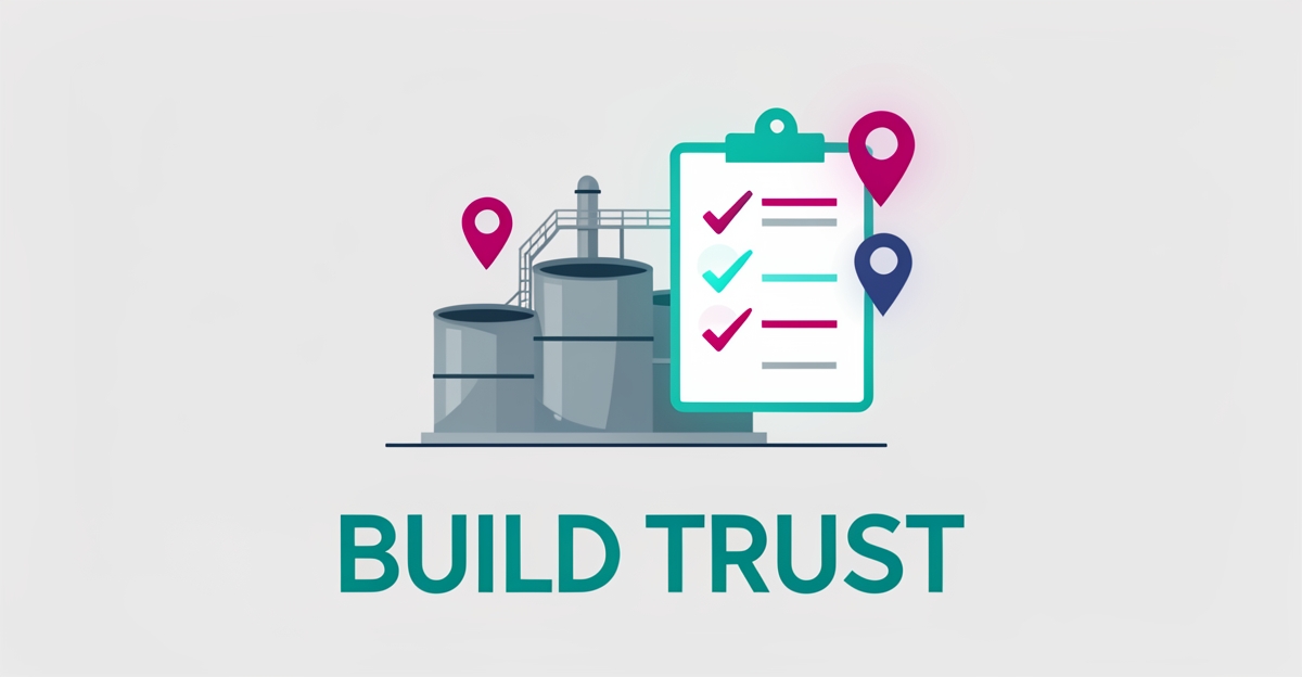 Flat illustration of a hazardous waste facility with checklist checkmarks and map pins in teal and magenta, titled Build Trust.