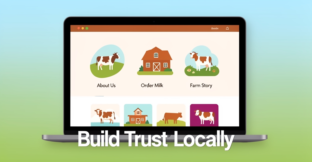 A clean flat illustration of a rural dairy farm website interface on a laptop, with brand color accents and the headline 'Build Trust Locally' in the lower third, symbolizing authentic local web design for farm communities.