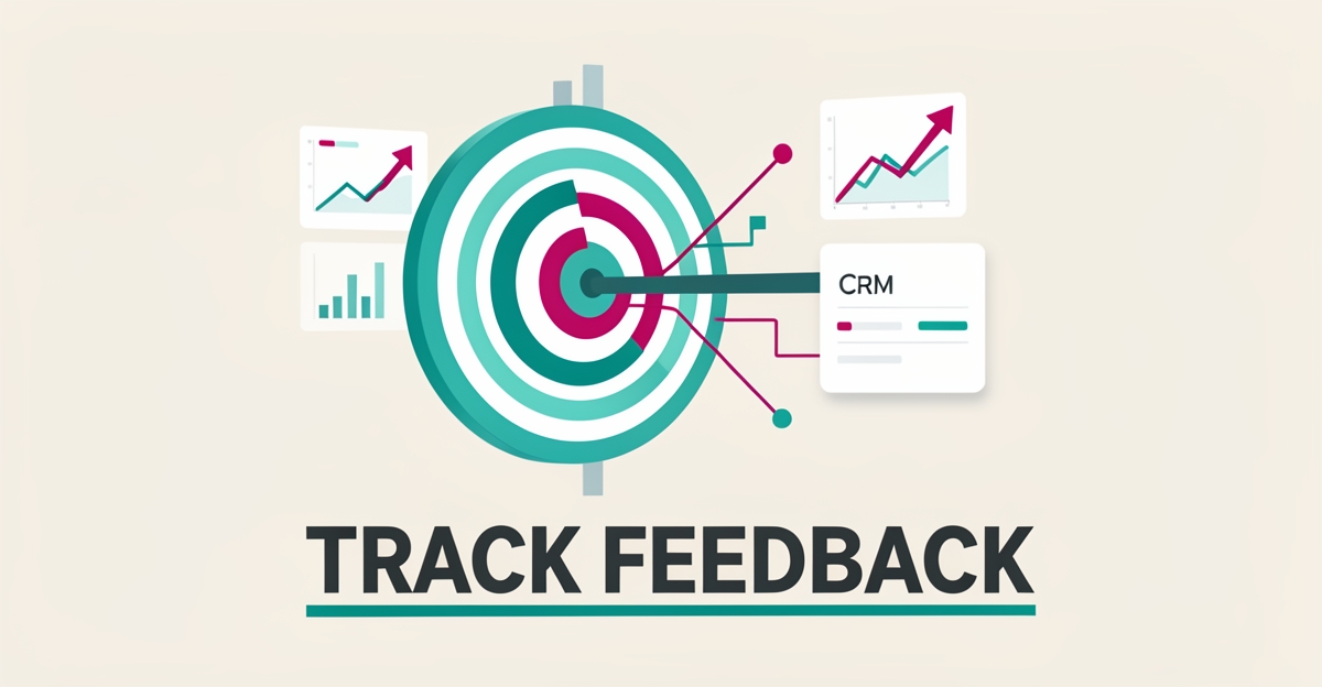 Flat illustration of an axe throwing target merged with feedback dashboard charts in teal and magenta, headline reading Track Feedback.