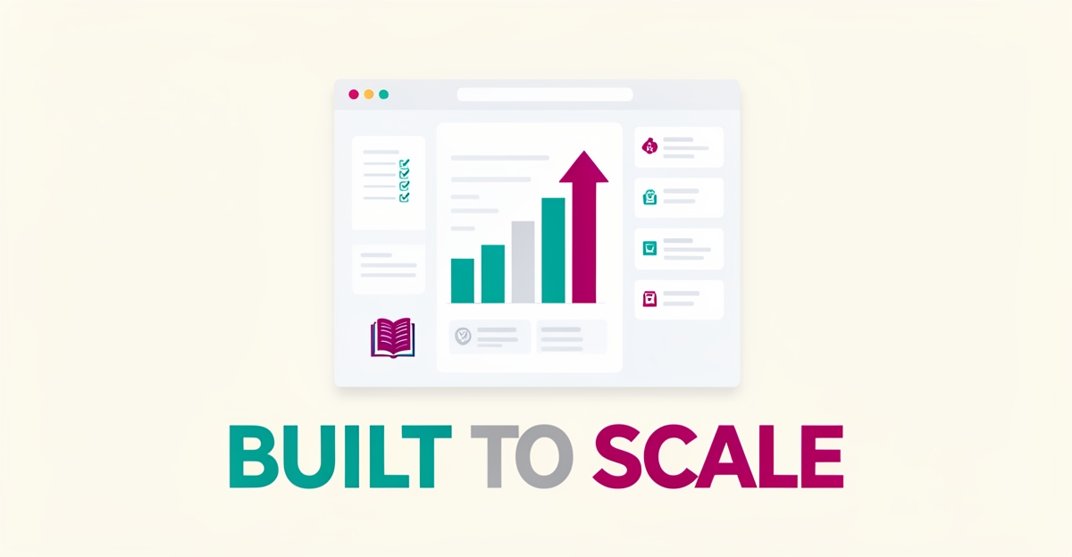 Flat illustration of a scalable website dashboard with growth charts and curriculum icons in teal and magenta, headlined Built to Scale.