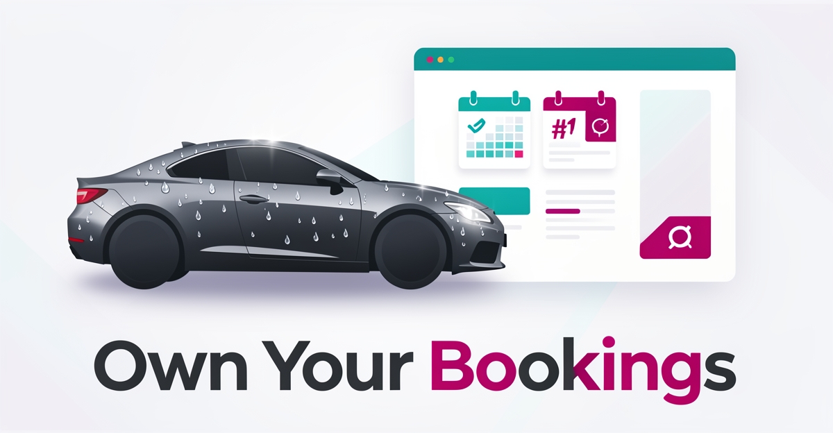 Flat illustration of a gleaming car next to a booking interface with teal and magenta accents, titled Own Your Bookings.