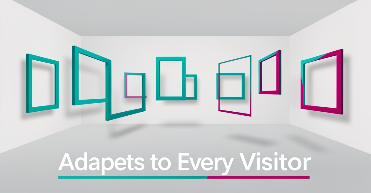 Abstract digital gallery with shifting geometric frames in teal and magenta accents, illustrating AI-powered website personalization.