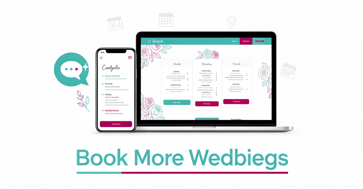 Flat illustration of wedding catering website on devices with teal and magenta accents, map pin, calendar, and AI chat icons representing local SEO and lead capture.