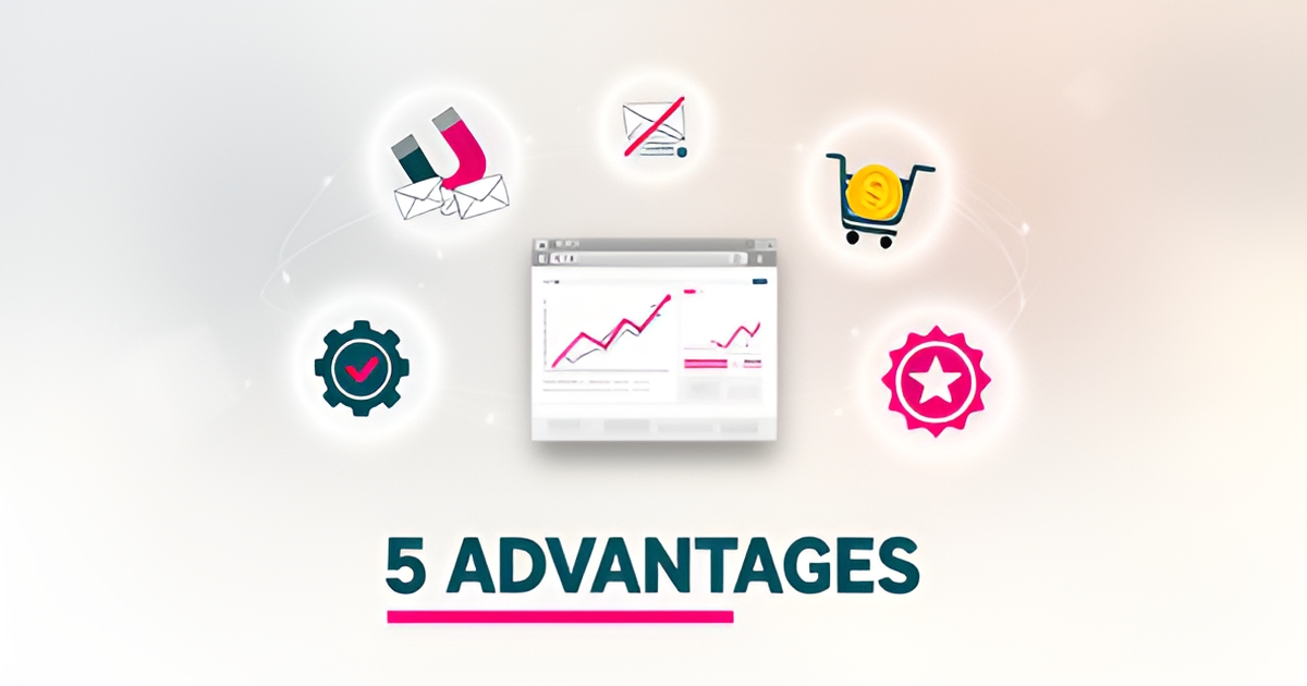 Flat illustration of a website surrounded by icons for lead capture, SEO growth, sales, automation, and credibility, headlined 5 Advantages.