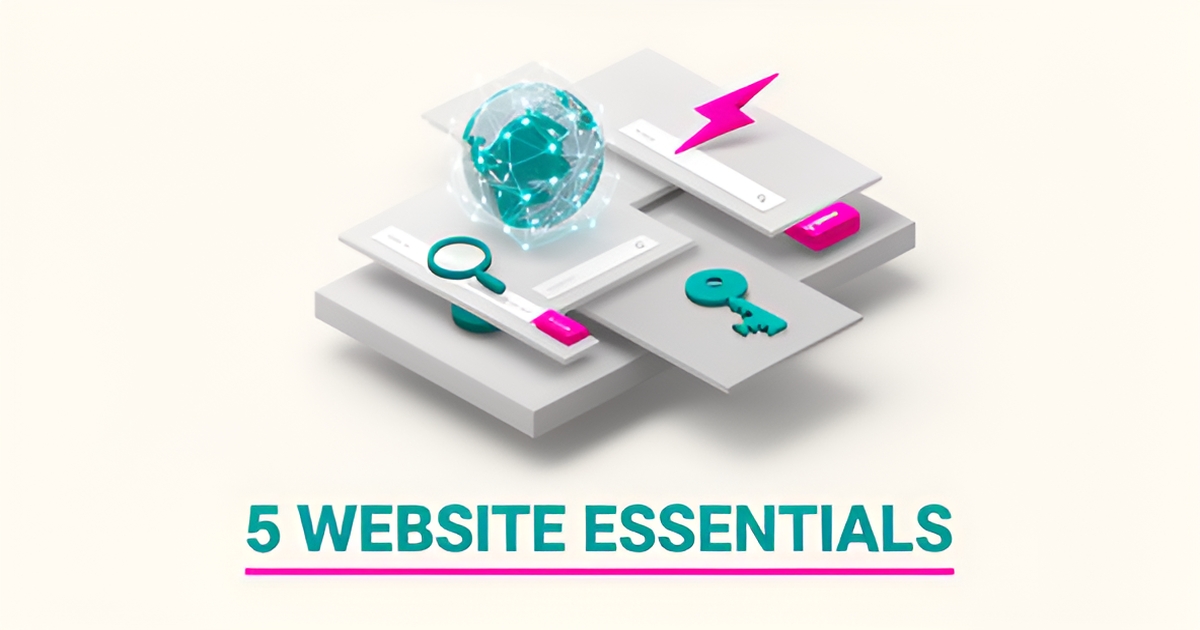 Flat illustration of layered website building blocks with teal and magenta accents, headline reading 5 Website Essentials.