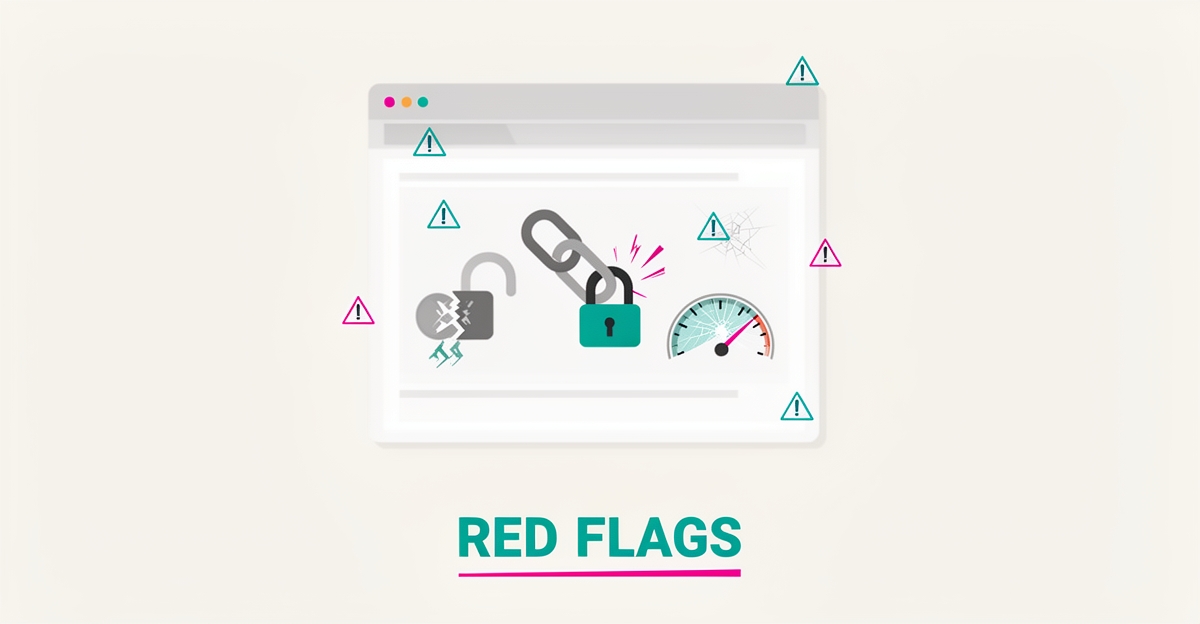 Flat illustration of a browser window with warning icons like an open padlock and caution signs, titled Red Flags.