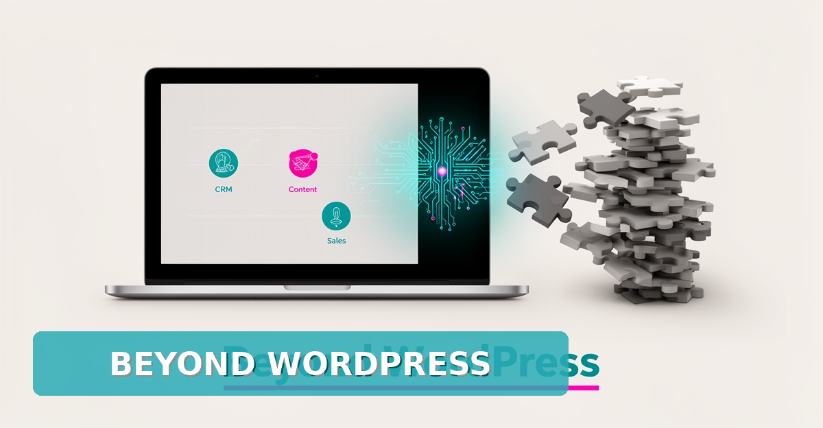 Flat illustration of an AI website builder dashboard replacing a cluttered WordPress plugin stack, with the headline Beyond WordPress.