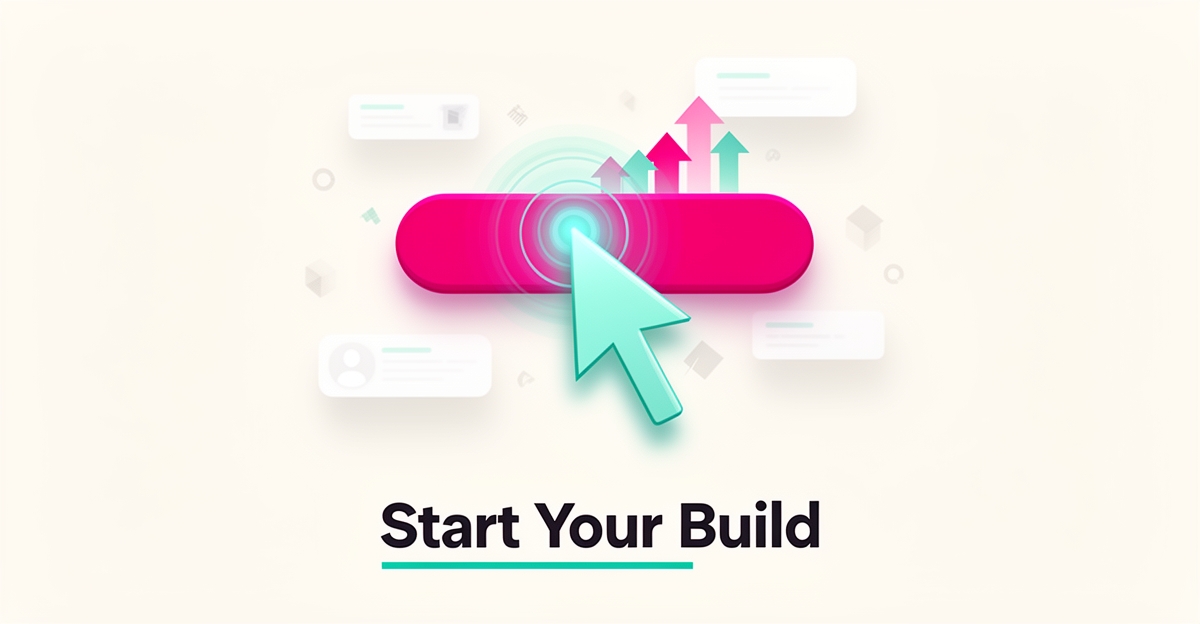 Flat illustration of a cursor clicking a glowing call to action button with radiating rings and growth arrows in teal and magenta.