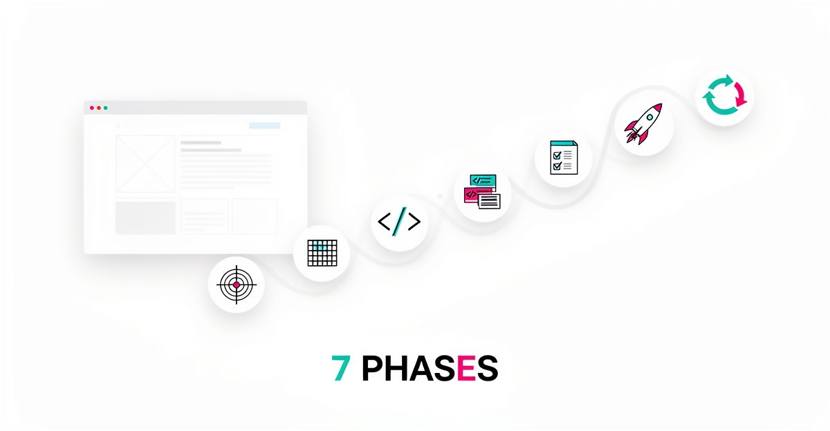 Flat illustration of a website wireframe evolving through seven design phases with teal and magenta accents, titled 7 Phases.