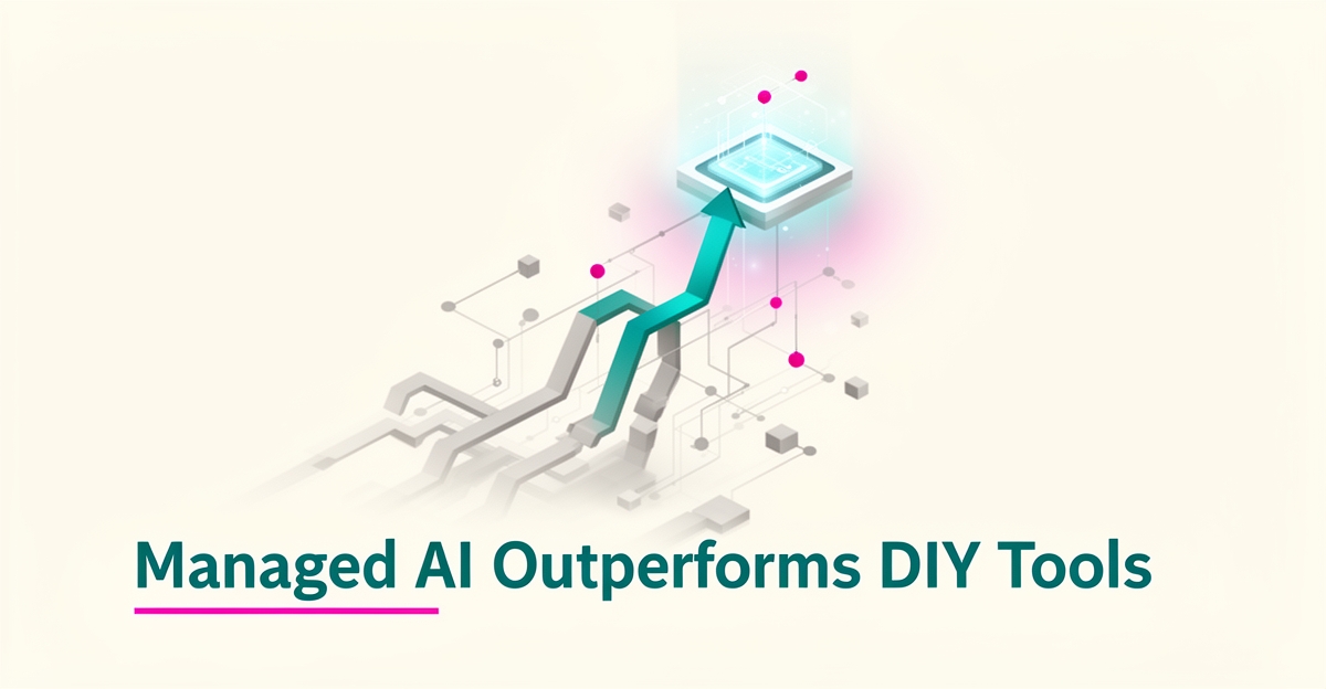 Flat illustration of an AI network with one teal pathway leading to a glowing managed platform hub, accented with magenta and a bold headline reading AI, Done Right.