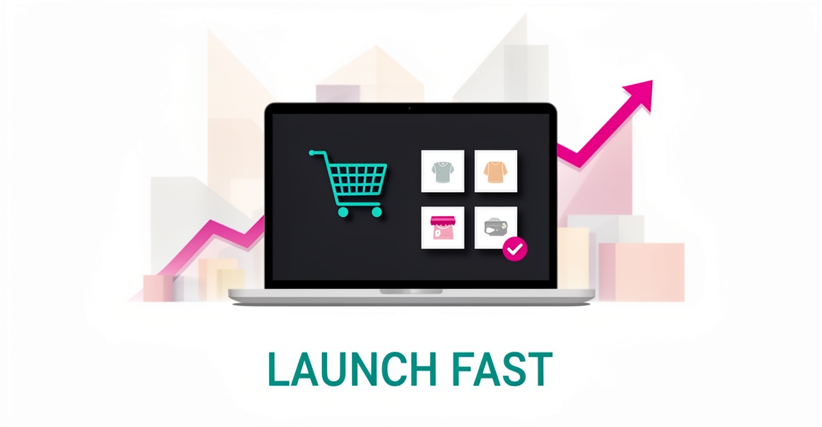Flat illustration of a laptop showing a beginner-friendly online store with cart, payment checkmark, and growth arrows, headlined Launch Fast.