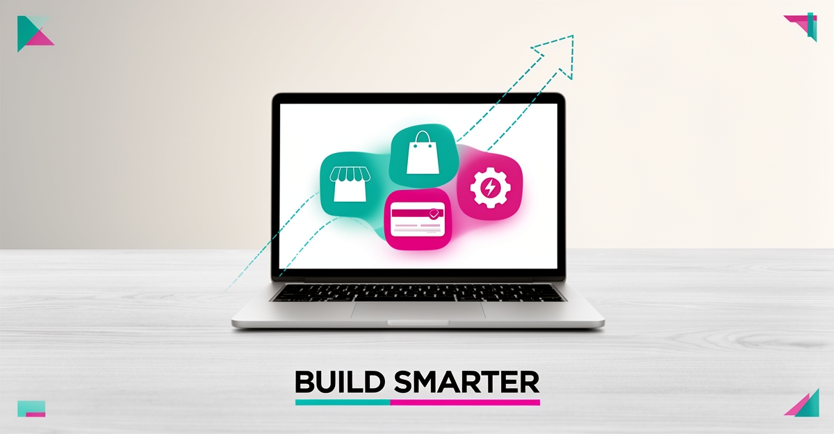 Flat illustration of a laptop showing a unified eCommerce dashboard with storefront, payments, and automation icons accented in teal and magenta.