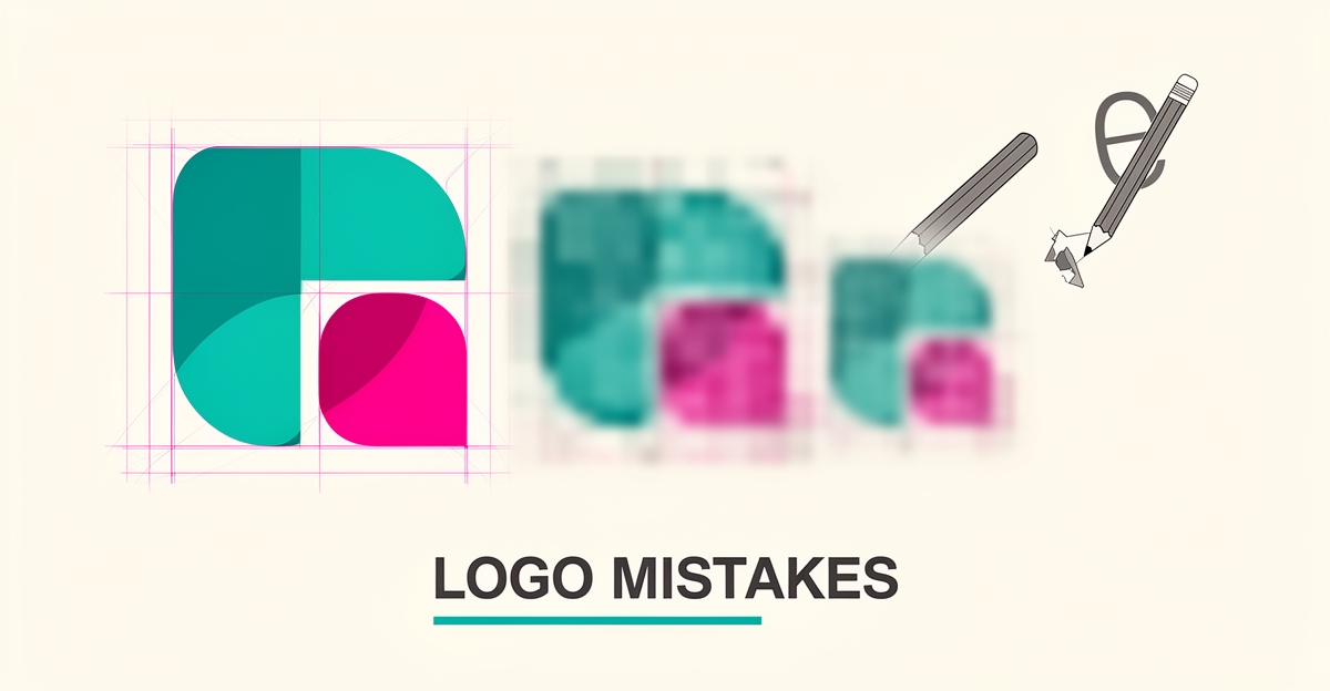Flat illustration of an abstract logo shrinking and losing quality across scales, highlighting common logo design mistakes.