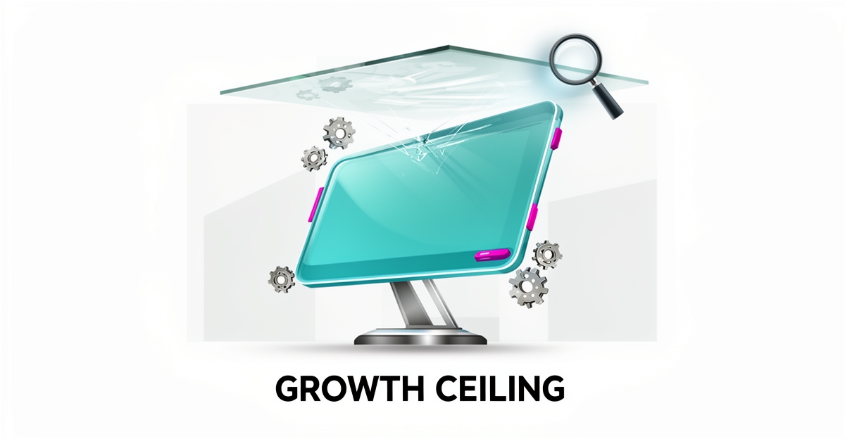 Flat illustration of a website builder hitting a glass ceiling with broken gears, symbolizing Squarespace's SEO and customization limitations.