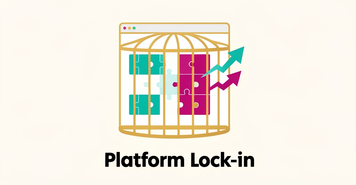 Flat illustration of a website builder interface trapped in a cage-like frame with teal and magenta accents, symbolizing platform lock-in.