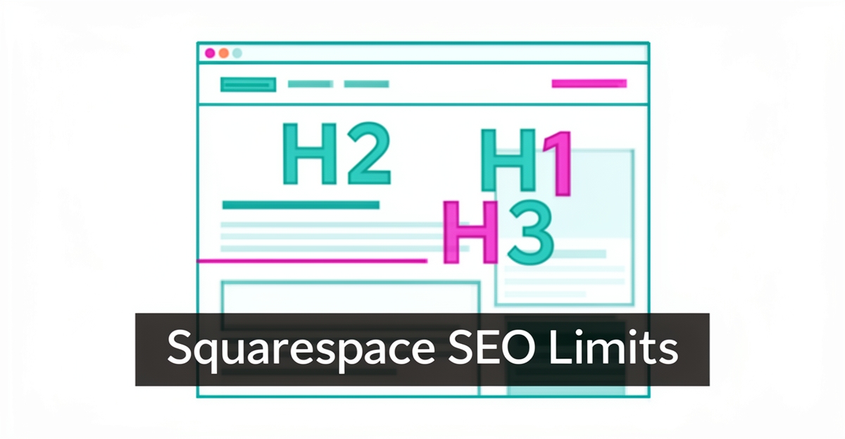 Abstract flat illustration of disordered website heading tags (H1, H2, H3) symbolizing Squarespace SEO limitations, with brand color accents and a minimalist professional style