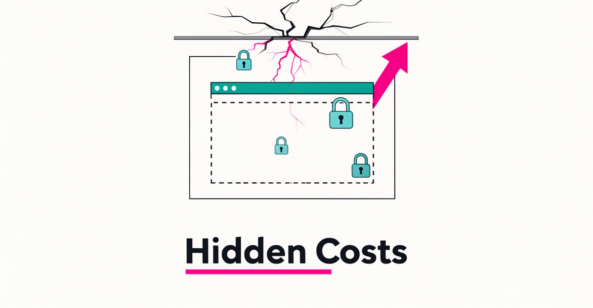 Flat illustration of a website trapped in a locked frame with cracks and a rising cost arrow, symbolizing Wix's hidden limitations and expenses.