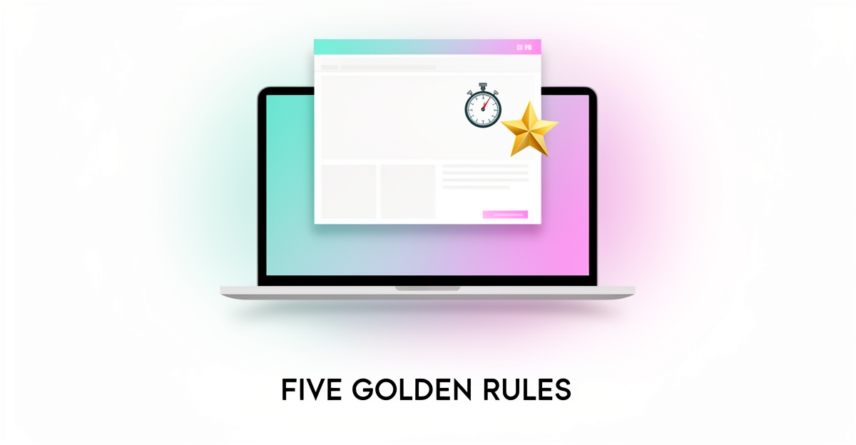Flat illustration of a website wireframe with a stopwatch and golden star, accented in teal and magenta, headlined Five Golden Rules.