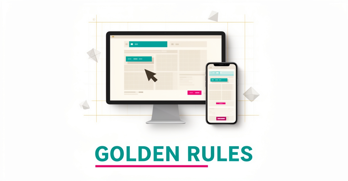 Flat illustration of a monitor and smartphone showing wireframe layouts with teal and magenta accents, headlined Golden Rules of web design.
