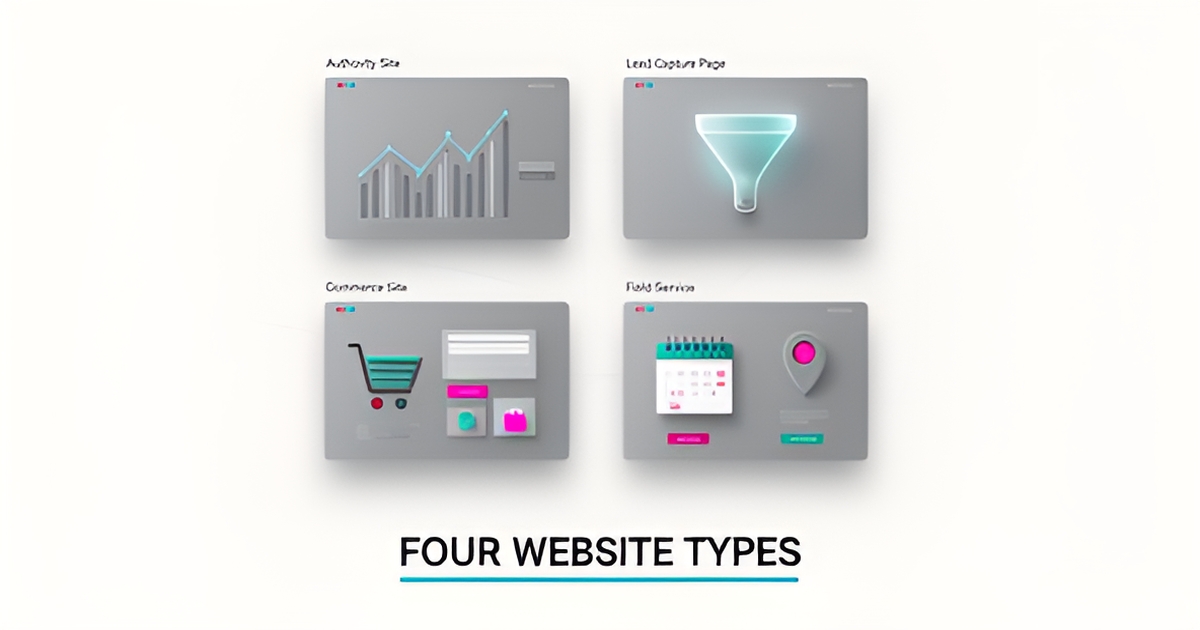Flat illustration of four website interface panels representing authority, lead capture, commerce, and field service sites in teal and magenta accents.