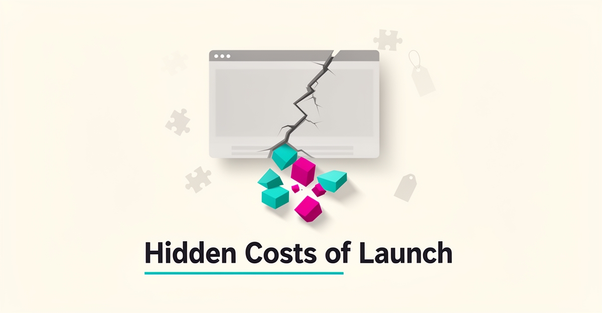 Flat illustration of a cracked AI-built website mockup with teal and magenta blocks breaking away, symbolizing post-launch limitations.