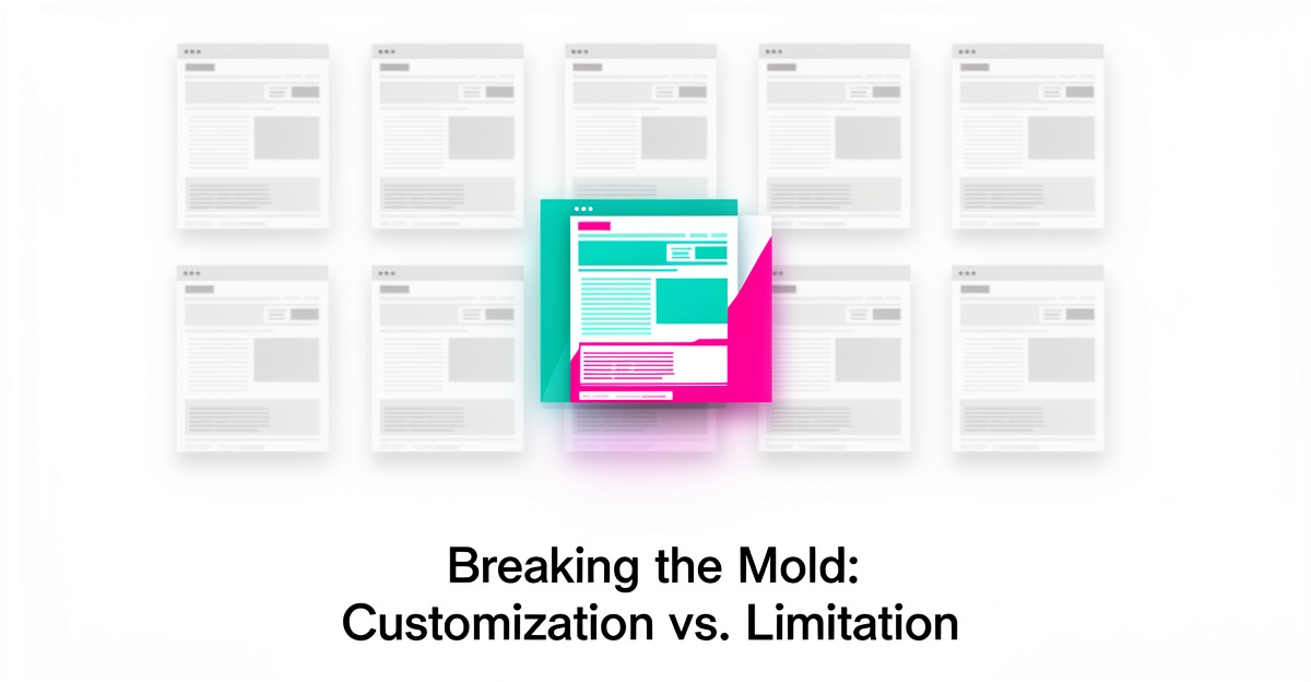Flat illustration of identical website templates with one custom design breaking free, accented in teal and magenta.