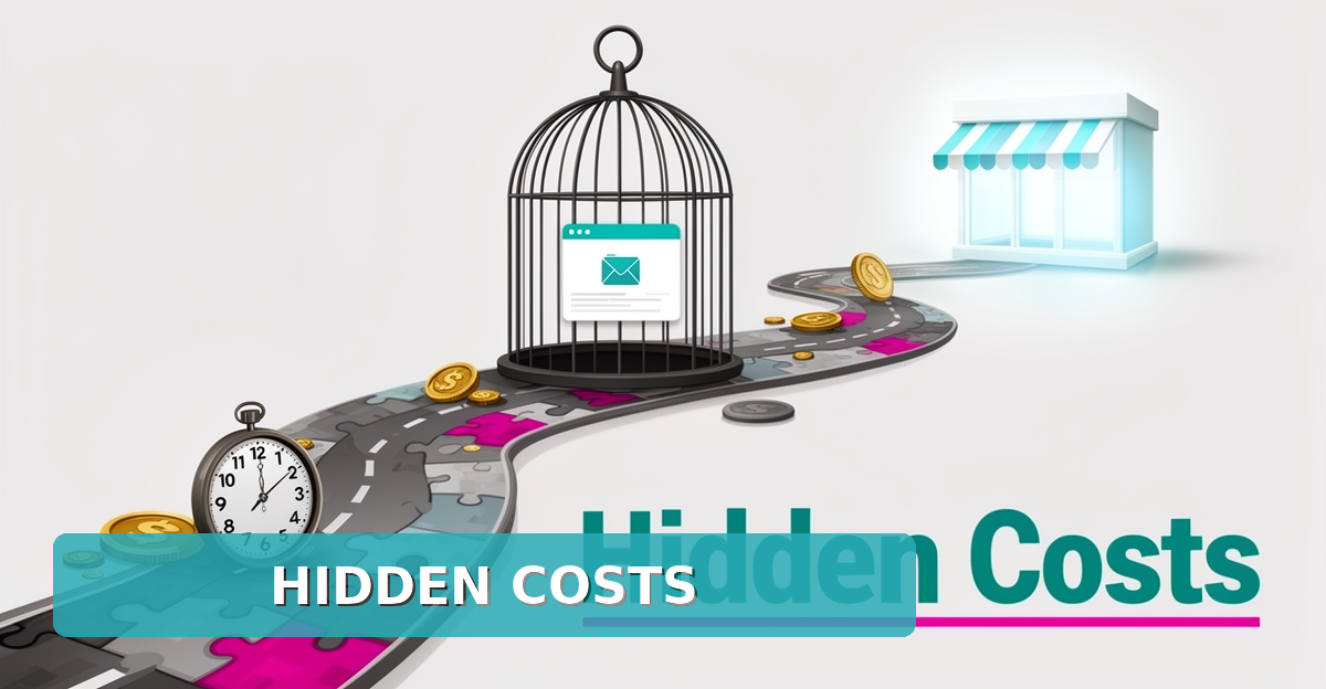 Flat illustration of a winding puzzle-piece road leading to a caged website icon with scattered coins, highlighting hidden costs of website builders.
