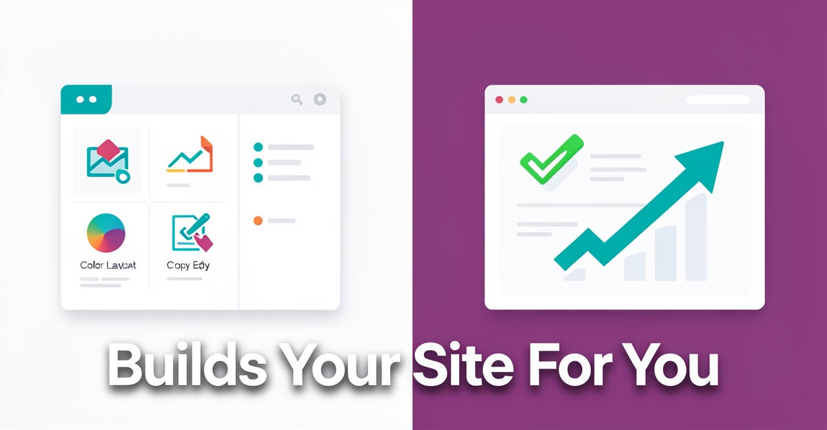A minimalist split-screen illustration comparing manual Wix website building to automated AI Business Sites, with brand-colored accents and a headline in the lower third.