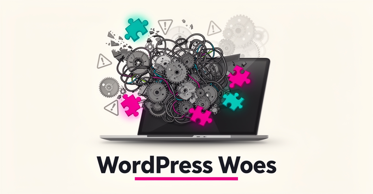 Flat illustration of tangled gears and puzzle pieces spilling from a laptop, symbolizing WordPress plugin conflicts and maintenance burdens.