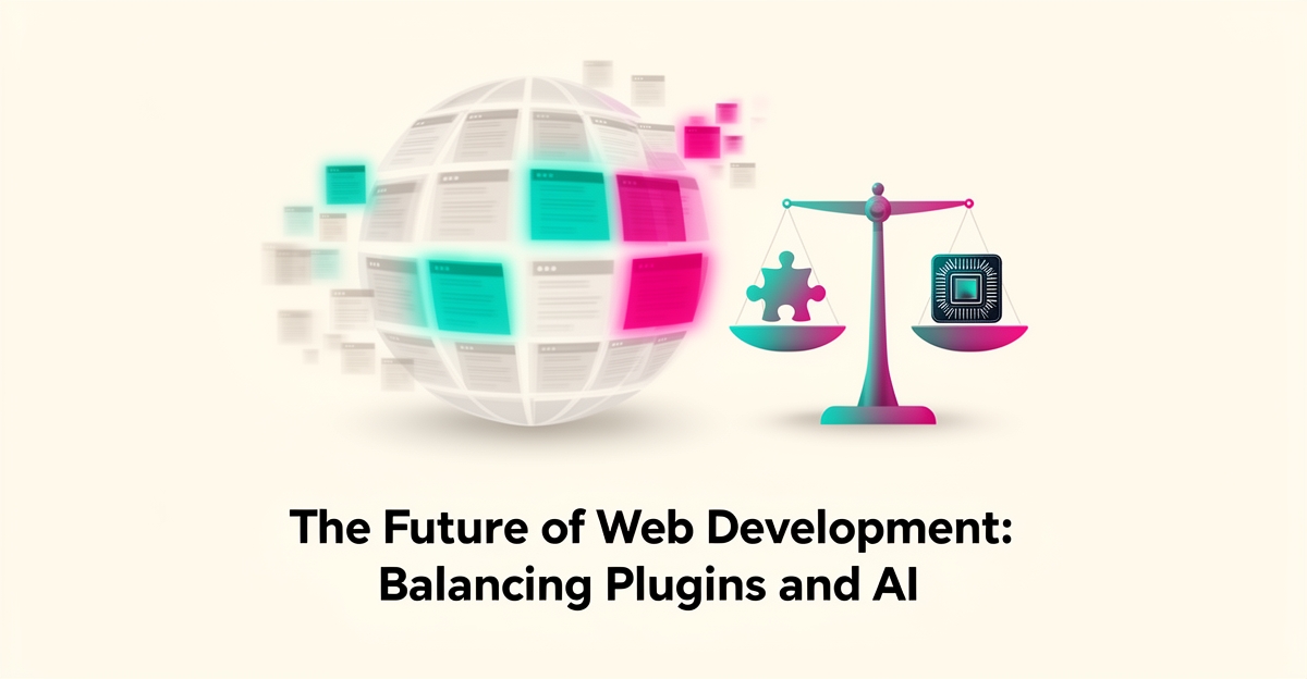 Flat illustration of a globe of website tiles with teal and magenta accents and a scale weighing plugins against an AI chip, titled WordPress 2026.