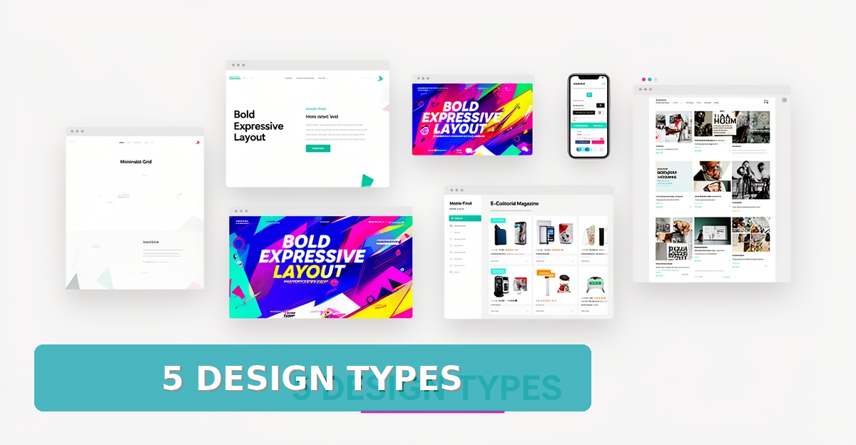 Flat illustration of five website design layout styles in teal and magenta with the headline 5 Design Types.