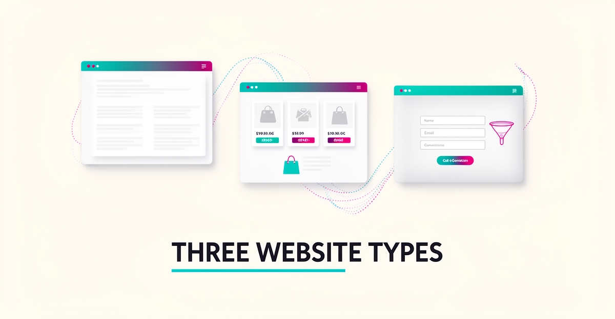 Flat illustration of three stylized website windows representing informational, e-commerce, and lead-generation sites with teal and magenta accents.