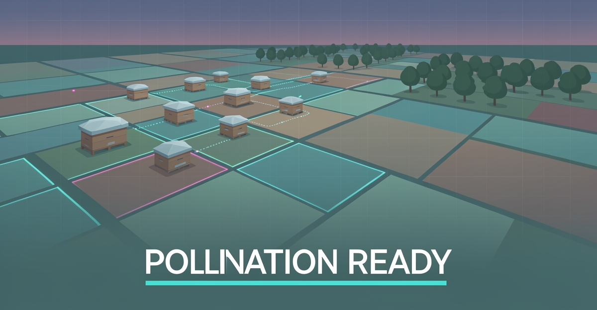 Flat illustration of hive boxes on a digital farmland map with teal and magenta service zone lines, headlined Pollination Ready.