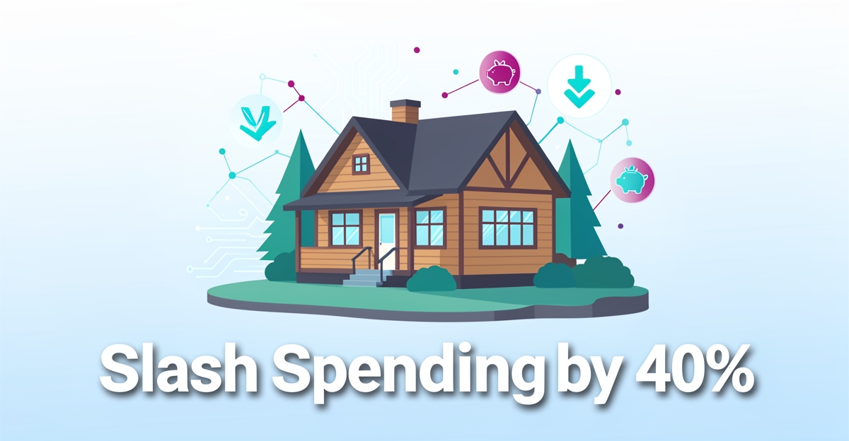A modern flat illustration of a Canadian vacation rental with AI-inspired digital accents, featuring the headline 'Slash Spending by 40%' in the lower third as a cost-saving visual metaphor.