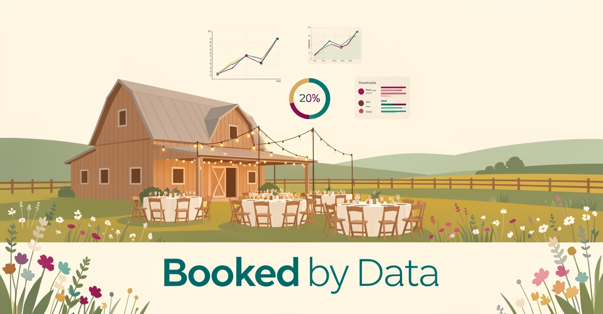 Flat illustration of a farm wedding venue with string lights and meadows overlaid with minimalist data graphics in teal and magenta accents.