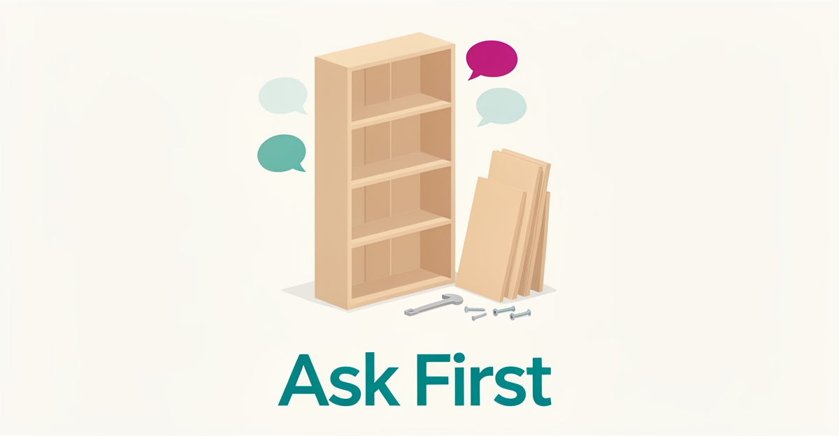 Flat illustration of an assembled bookshelf with flat-pack parts and question bubbles, headline reading Ask First in teal.